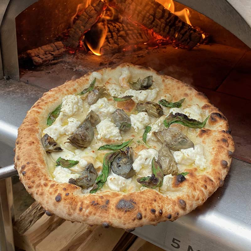 Artichoke and smoked burrata pizza