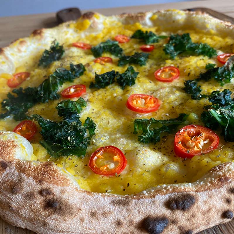 Pumpkin Kale red chilli pizza