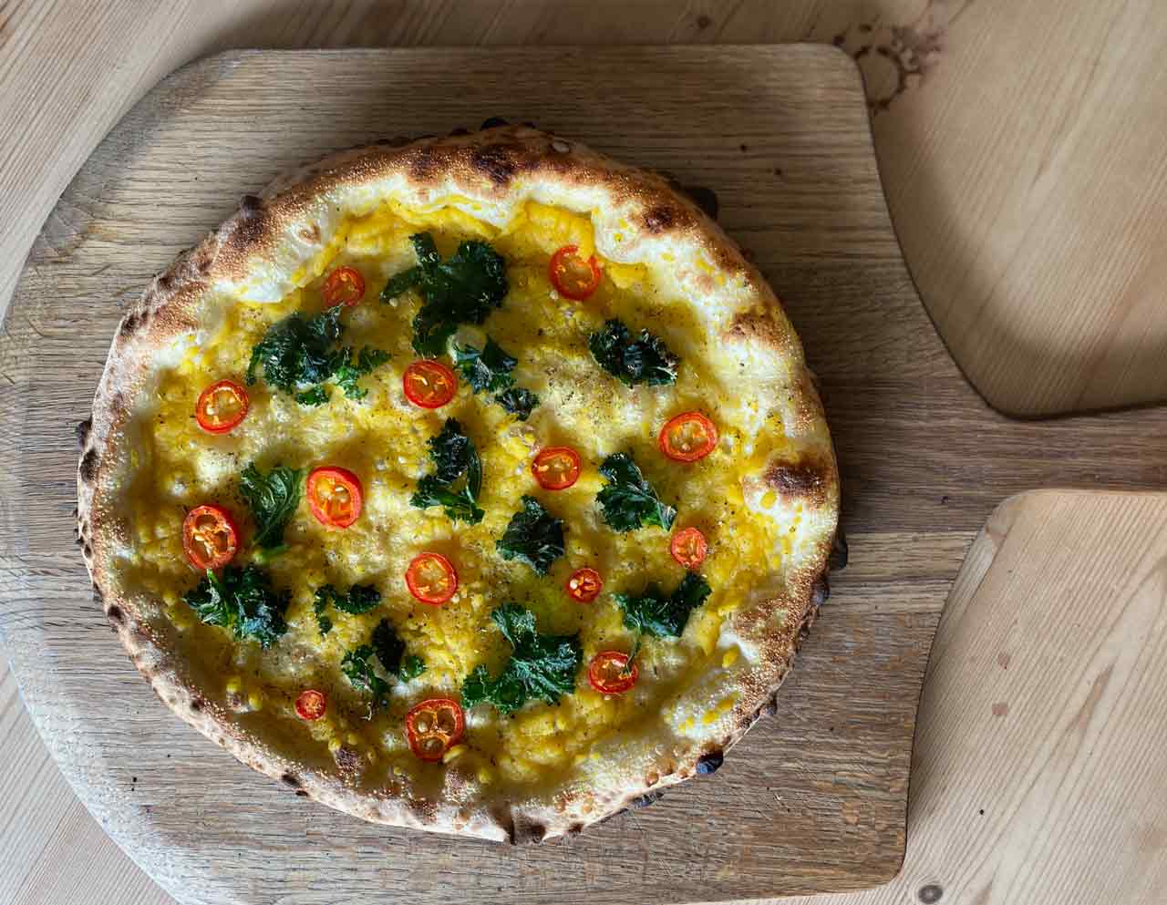 Pumpkin Kale red chilli pizza